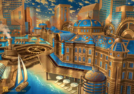 HD anime steampunk cityscape wallpaper featuring intricate golden and blue architectural details with gears, domes, and a waterfront marina under a vibrant sky.