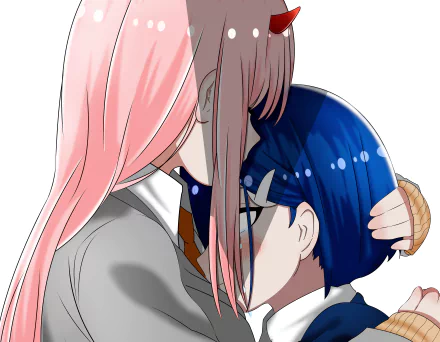 Close-up anime scene of Ichigo gently kissing Zero Two's forehead, from Darling in the FranXX, rendered as a 4K Ultra HD PC desktop wallpaper.
