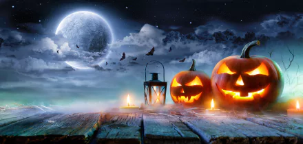 An 8K Ultra HD Halloween PC wallpaper featuring glowing jack-o'-lanterns, flickering candles, a lantern, and bats flying under a bright full moon in a spooky night sky.