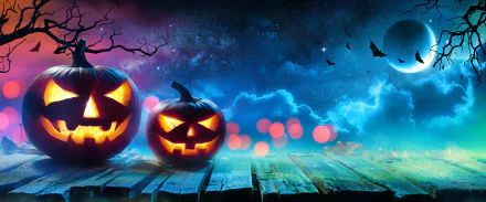 An 8K Ultra HD Halloween PC wallpaper featuring glowing jack-o'-lanterns on a wooden platform under a starry, cloud-filled night sky with flying bats.