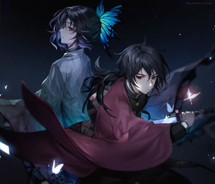 HD wallpaper featuring Giyuu Tomioka and Shinobu Kochou from Demon Slayer: Kimetsu no Yaiba, portrayed in a dynamic night-time setting.