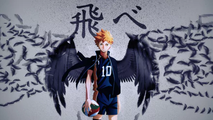 HD wallpaper featuring Shōyō Hinata from Haikyū!!, standing confidently with feathers and wings, symbolizing flight and determination, representing Karasuno High in vibrant anime style.