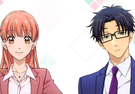 HD PC desktop wallpaper featuring anime characters Hirotaka Nifuji and Narumi Momose from Wotaku ni Koi wa Muzukashii, showcasing their distinct expressions and attire.