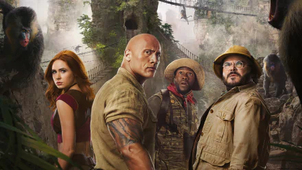HD PC desktop wallpaper featuring Karen Gillan, Dwayne Johnson, Kevin Hart, and Jack Black from the movie Jumanji: The Next Level in a jungle adventure scene.