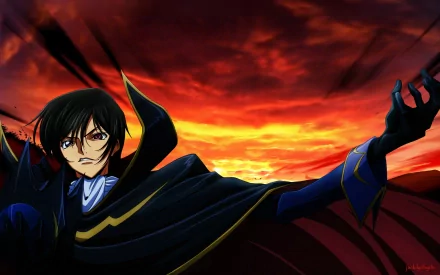 HD anime desktop wallpaper featuring Lelouch Lamperouge from Code Geass, set against a dramatic red and orange sunset sky.
