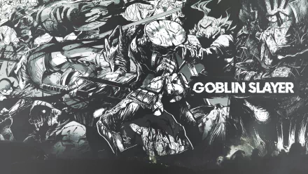 HD anime desktop wallpaper featuring dynamic black-and-white artwork from Goblin Slayer, showcasing intense action and detailed character designs.