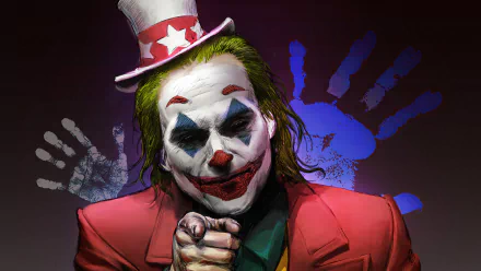 4K Ultra HD DC Comics Joker wallpaper featuring the character in clown makeup, red suit, and festive hat against a dark background with colorful handprints.