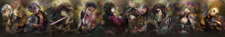 HD PC desktop wallpaper featuring Shinobu Kochou, Muichiro Tokito, Tengen Uzui, Kyojuro Rengoku, Gyomei Himejima, Sanemi Shinazugawa, Obanai Iguro, Mitsuri Kanroji, and Giyuu Tomioka from Demon Slayer: Kimetsu no Yaiba.
