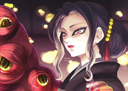 HD anime desktop wallpaper featuring Muzan Kibutsuji from Demon Slayer: Kimetsu no Yaiba with glowing eyes and dark, eerie background.