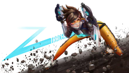 HD PC desktop wallpaper of Tracer (Overwatch) from the video game Overwatch — dynamic sprint pose, orange pants and chronal accelerator glowing, debris and blue motion streak behind.