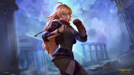 4K Ultra HD PC wallpaper featuring Yang Xiao Long from Smite, set against a mystical, foggy backdrop with ancient ruins.