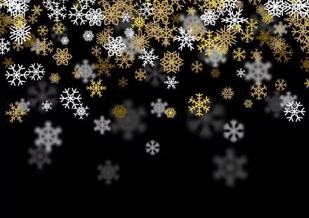 Artistic 4K Ultra HD desktop wallpaper featuring white and gold snowflakes cascading gracefully against a black background.