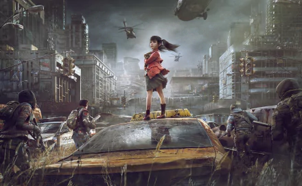 HD PC desktop wallpaper: post-apocalyptic sci‑fi scene of a young girl standing atop a ruined taxi as military soldiers and helicopters sweep a devastated city.