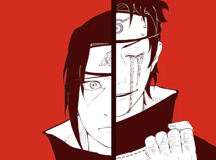 Split high-contrast illustration of Itachi Uchiha and Shisui Uchiha from Naruto against a red backdrop, anime-style 4K Ultra HD PC desktop wallpaper.