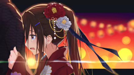 A girl with long brown hair wearing a yukata, adorned with flowers, stands against a vibrant background of glowing lights, captured in a striking anime style.