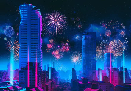 A vibrant sci-fi cityscape at night with towering skyscrapers and colorful fireworks lighting up the post-apocalyptic skyline in HD detail.