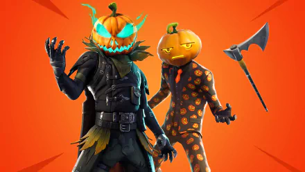 Fortnite Halloween-themed 4K Ultra HD desktop wallpaper featuring two pumpkin-headed characters and a floating axe against an orange background.