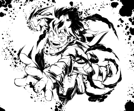 HD desktop wallpaper featuring Izuku Midoriya from the anime My Hero Academia in an energetic, action-packed pose with black ink splatter effects in the background.