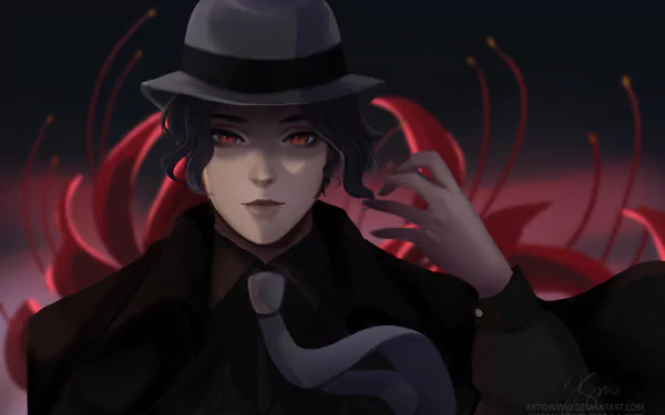 HD PC desktop wallpaper featuring Muzan Kibutsuji from the anime Demon Slayer: Kimetsu no Yaiba, depicted with a dark hat, intense red eyes, and swirling red aura.