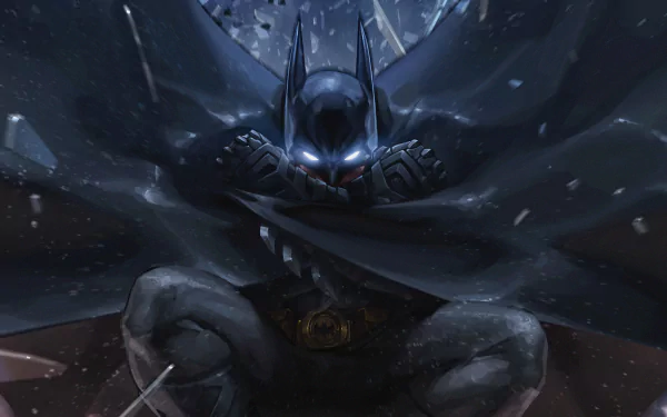 HD wallpaper featuring Batman from DC Comics, crouching in the shadows with his cape billowing and eyes glowing.