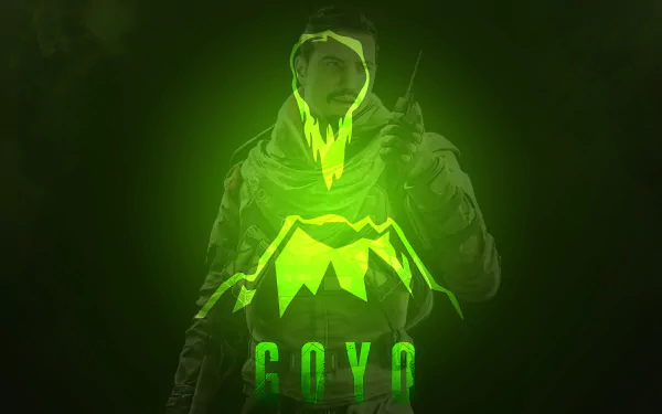8K Ultra HD PC desktop wallpaper: Goyo from Tom Clancy's Rainbow Six: Siege, neon green stylized portrait with volcanic emblem and GOYO text, video game artwork.