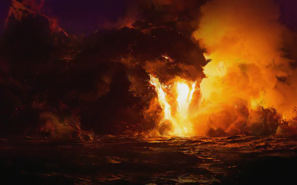 HD desktop wallpaper depicting a fiery, fantastical scene with a dragon emerging from flames and smoke. The image evokes a dramatic and intense atmosphere.