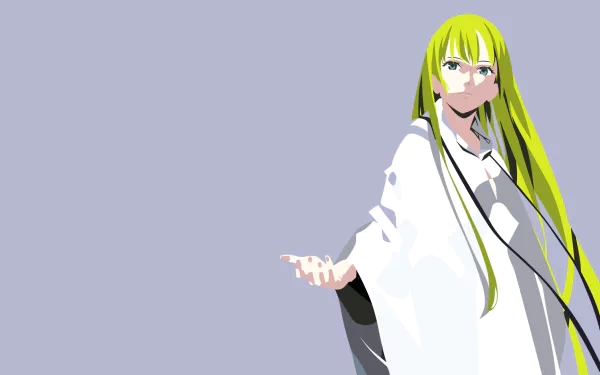 Minimalist HD anime wallpaper featuring Enkidu from Fate/Grand Order as False Lancer, with bold colors and clean lines against a pale background.