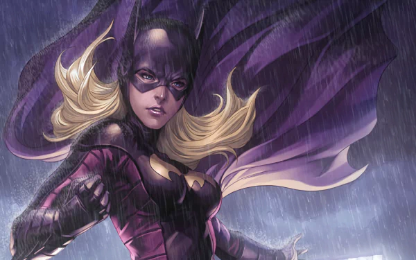 Stephanie Brown as Batgirl, a blonde superhero standing in the rain with her purple cape flowing, depicted in a high-definition DC Comics desktop wallpaper.