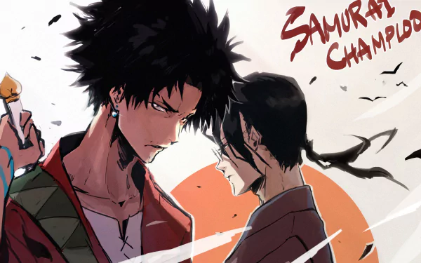 HD anime wallpaper featuring Mugen from Samurai Champloo with a dynamic pose, set against a stylized orange sun and the series title in bold text.