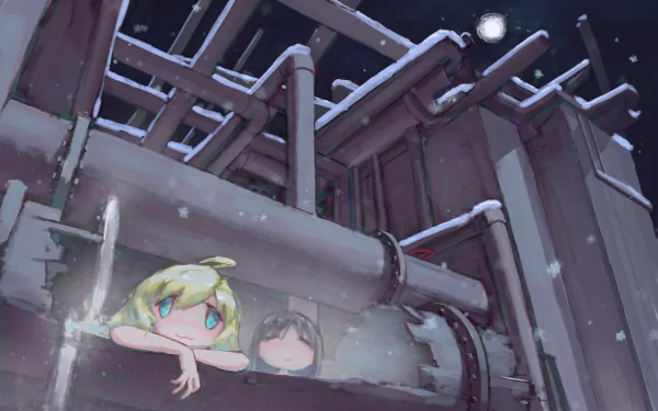 Yuuri and Chito from Girls' Last Tour relax under a snowy night sky in this 4K Ultra HD anime wallpaper background.