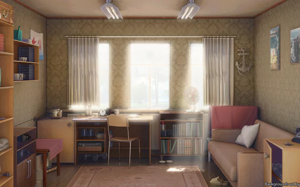 HD anime-style bedroom interior featuring a sofa, desk, bookshelves, and soft natural light, designed as a PC desktop wallpaper and background.