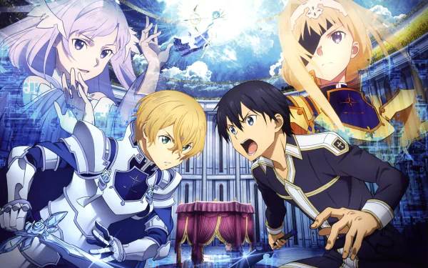 HD desktop wallpaper featuring characters Eugeo, Alice Zuberg, Quinella, and Kazuto Kirigaya (Kirito) from Sword Art Online: Alicization in an intense and dynamic scene from the anime series.