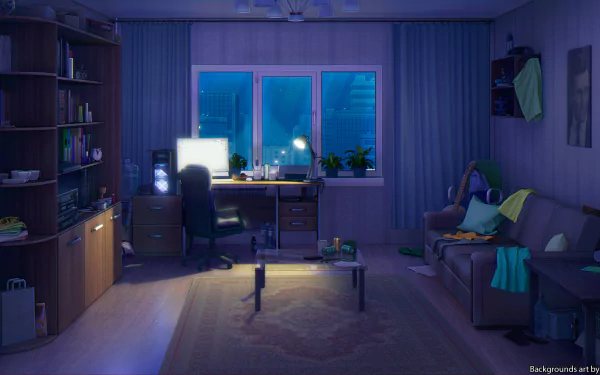 A cozy anime room interior featuring a sofa, desk with a computer, and plants, illuminated by soft lighting. This HD wallpaper captures a lofi aesthetic.