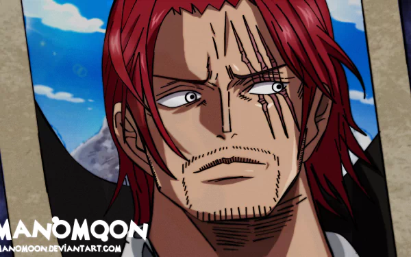 4K Ultra HD anime wallpaper featuring Shanks from One Piece with his signature red hair and facial scars against a blue sky background.