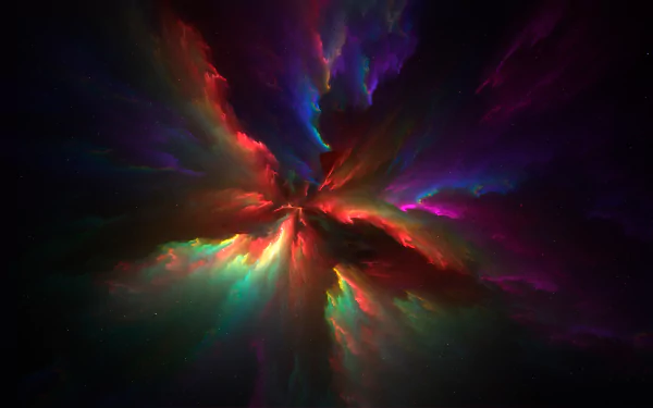 An artistic, HD desktop wallpaper featuring a vibrant, colorful nebula set in space, radiating brilliant hues of blue, green, red, and purple against a dark background.