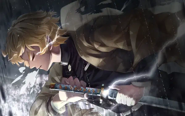HD wallpaper featuring Zenitsu Agatsuma from the anime Demon Slayer: Kimetsu no Yaiba, depicted in an intense scene holding a sword amidst a stormy background.