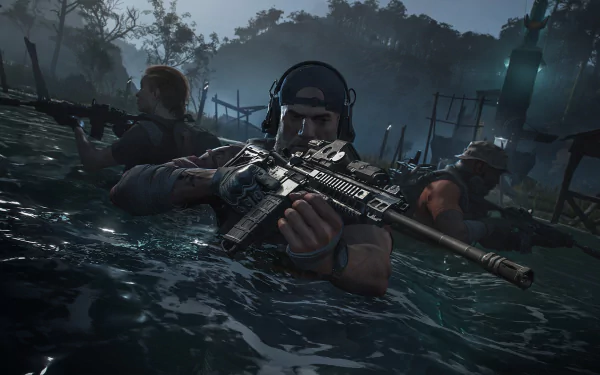 HD PC desktop wallpaper from Tom Clancy's Ghost Recon Breakpoint, featuring armed soldiers stealthily moving through water in a dark, forested environment.
