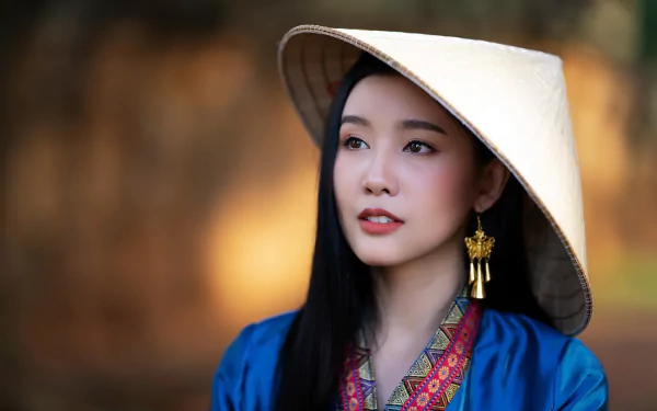 brown eyes earrings black hair asian conical hat model woman asian HD Desktop Wallpaper | Background Image
