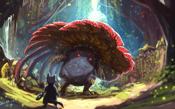 HD PC wallpaper featuring a dramatic crossover scene with Vileplume from Pokémon in an anime-style Monster Hunter: World environment.