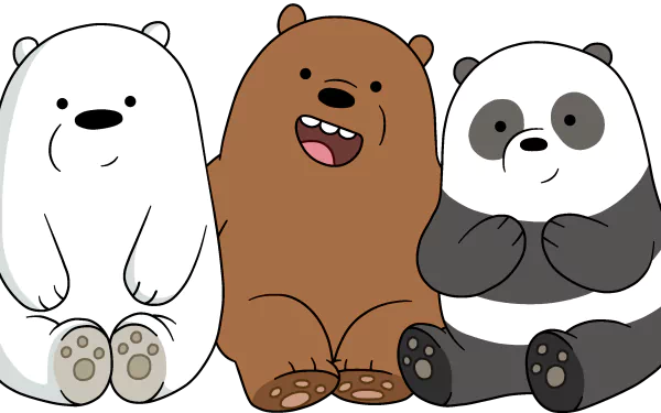 We Bare Bears (TV show) 2K Quad HD PC desktop background: Ice Bear, Grizzly and Panda sitting side by side, smiling on a clean backdrop.