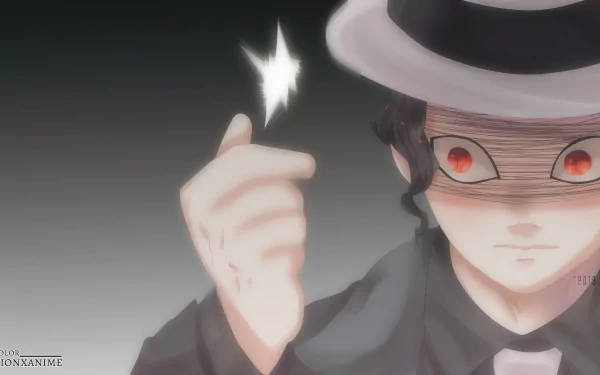 4K Ultra HD anime wallpaper of Muzan Kibutsuji from Demon Slayer: Kimetsu no Yaiba, featuring his iconic hat and red eyes in a dark, intense scene.