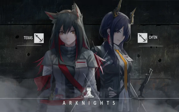 HD desktop wallpaper featuring Texas and Ch’en with animal ears from the video game Arknights, set against a dark, industrial background.