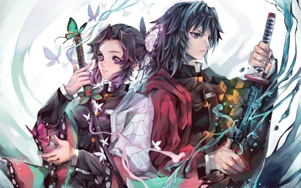 HD wallpaper featuring Giyuu Tomioka and Shinobu Kochou from Demon Slayer: Kimetsu no Yaiba. The vibrant anime art showcases the characters in dynamic and detailed poses.