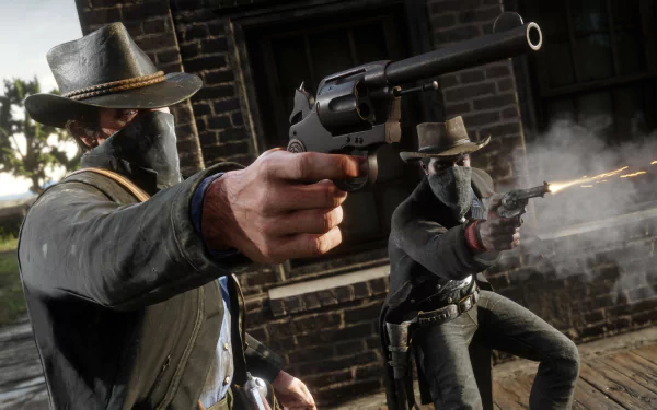 Lenny Summers and Arthur Morgan from Red Dead Redemption 2 engage in a gunfight in this 4K Ultra HD PC desktop wallpaper.