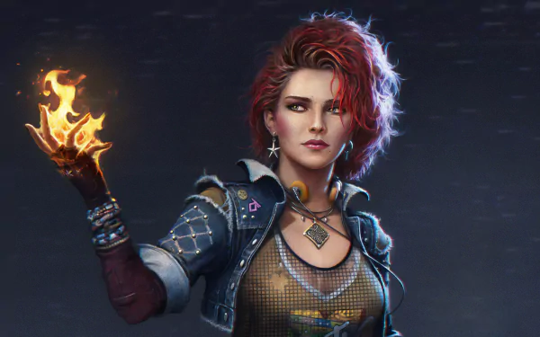 Triss Merigold from The Witcher 3: Wild Hunt conjuring fire magic, featuring her signature red hair in a detailed 4K Ultra HD video game wallpaper.