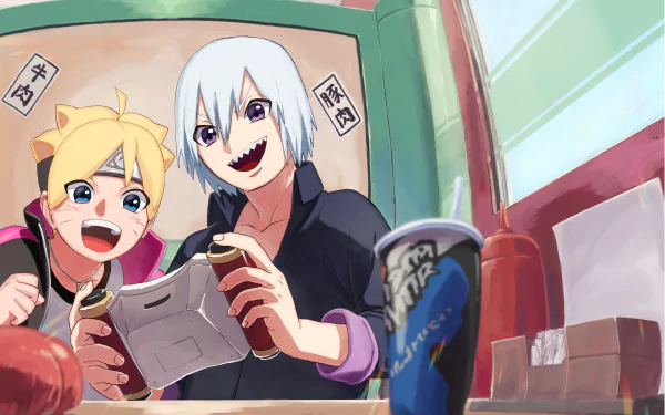 4K Ultra HD anime wallpaper featuring Suigetsu Hōzuki and Boruto Uzumaki enjoying a game and snacks, capturing a lively moment from the Boruto series.