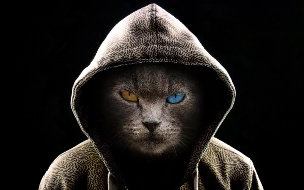 A 4K Ultra HD wallpaper featuring a funny cat with heterochromia wearing a textured hoodie, set against a dark background with a mysterious vibe.