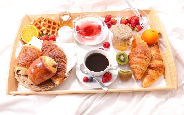 Food Breakfast Honey Coffee Croissant Strawberry Cup Berry Drink Still Life Viennoiserie HD Wallpaper | Background Image