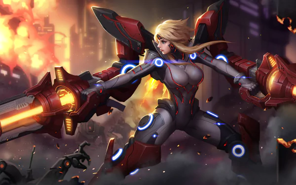 Miss Fortune from League of Legends in futuristic armor wielding dual large guns amid explosions, featured in a vibrant 4K Ultra HD PC desktop wallpaper.