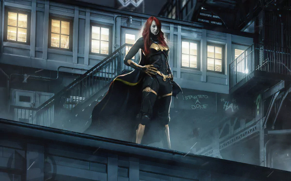 HD PC desktop wallpaper featuring Emma Stone as a comic-style Batwoman standing confidently on a rooftop at night, with city lights glowing behind her.
